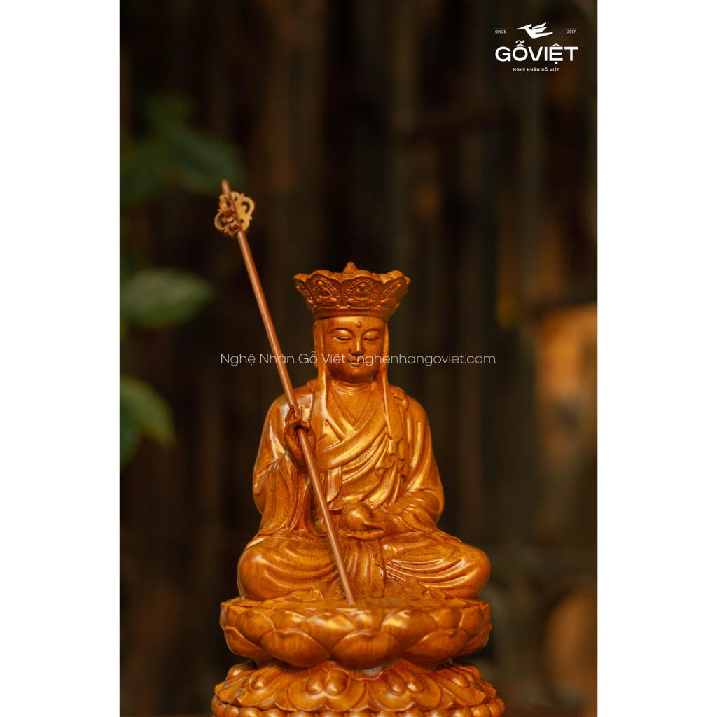 Tượng Địa tạng ngồi đục tứ diện gỗ Bách xanh cao 15cm