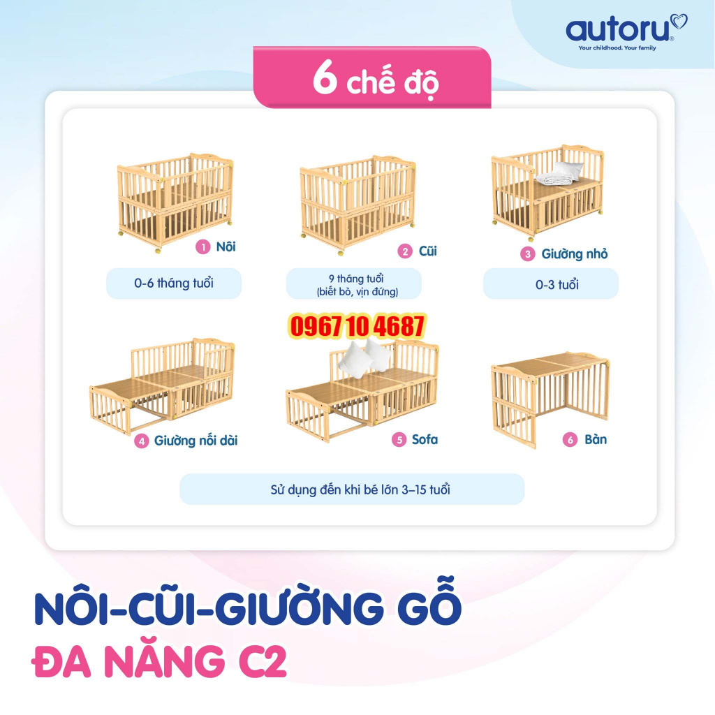 Giường cũi cho bé 6 chế độ đa năng cho bé Autoru C2