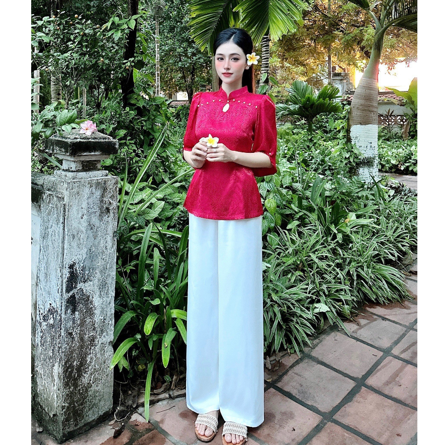 Set quần lụa dài dáng suông rộng phối áo cổ tàu tay lỡ lòe cổ khoét giọt lệ thời trang pháp phục thanh lịch trang nghiêm
