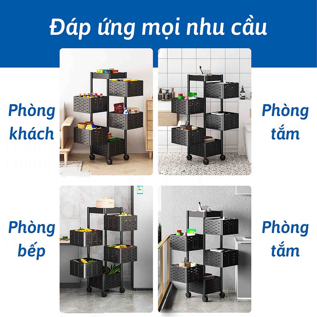 Kệ Xoay Đa Năng Vuông 360 Độ Có Bánh Xe Di Chuyển Dễ Dàng, Giá Đựng Đồ Đa Năng Có Nhiều Rổ Vuông Nhiều Tầng