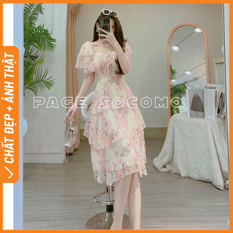 Váy đầm tơ hoa tay thiết kế bèo tầng Socomo V492022 - Hàng loại 1, chất đẹp - Giá tốt