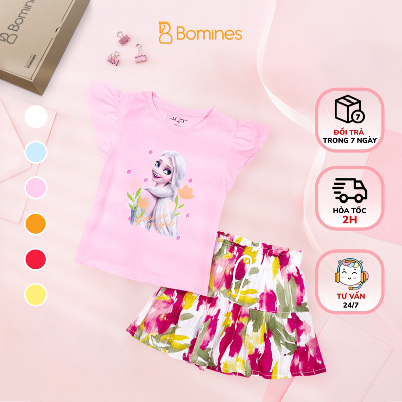 Váy cho bé gái Elsa BOMINES, Set bộ váy cotton hè mát mẻ chân váy có chip đùi cho bé 3y-12y từ 14-36kg SETCHANVAYELSAHOA