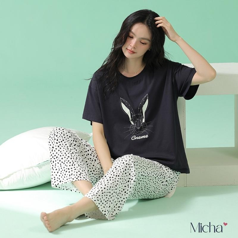 Bộ đồ nữ mặc nhà cotton cao cấp dáng quần dài áo ngắn tay màu đen thỏ - Micha D51