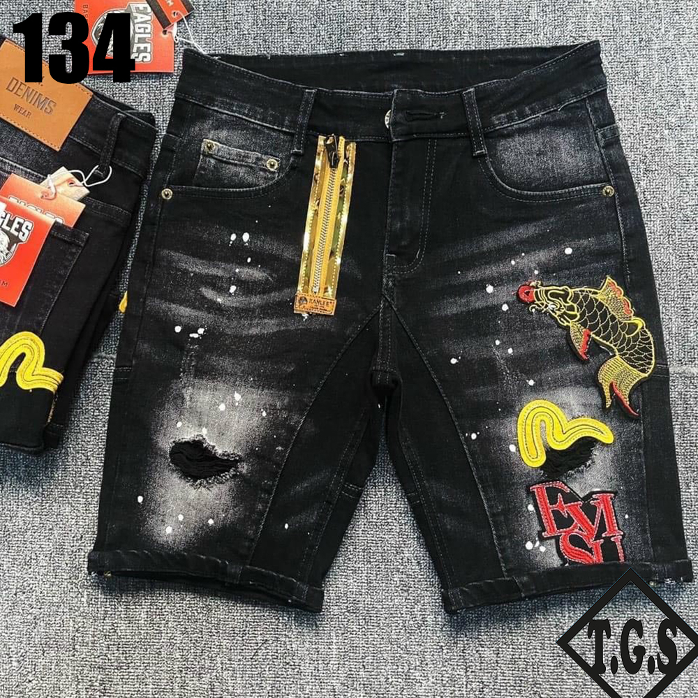 Quần Short Jean EVISU thêu logo hình cá chép chất liệu vải cao cấp chuẩn thời trang