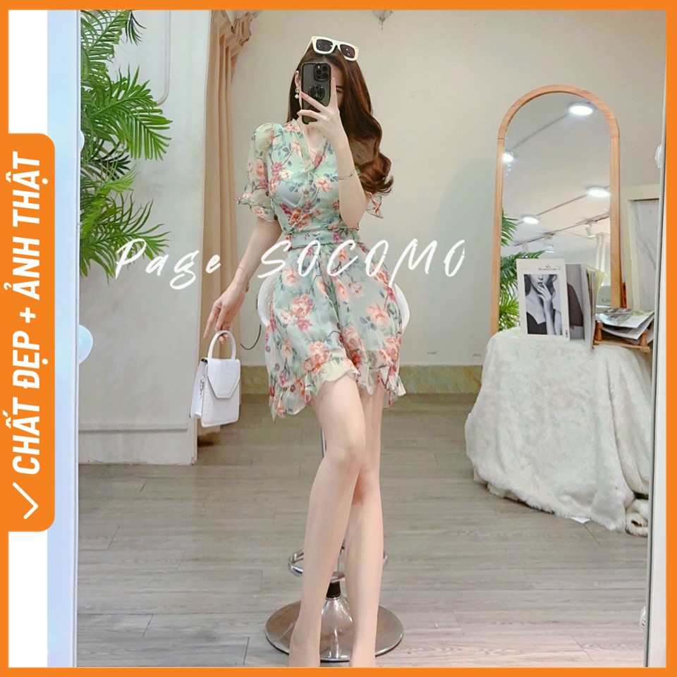 Váy đầm jum hoa cổ V thiết kế bèo tay V562023 Socomo - Hàng loại 1, chất đẹp - Giá tốt