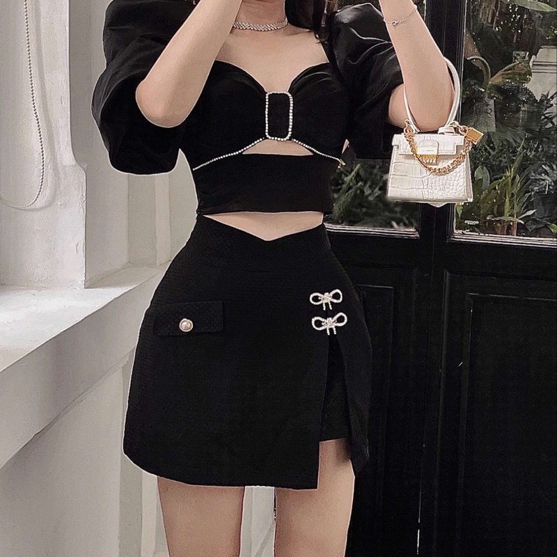 Set tafta đen thiết kế đính đá cut out tay phồng tkcc hoh