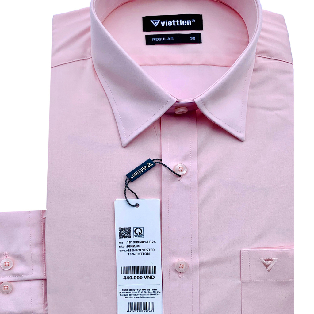 Viettien - Áo sơ mi nam dài tay vạt bầu màu hồng lạt dáng regular rộng - Áo sơ mi công sở nam Việt Tiến