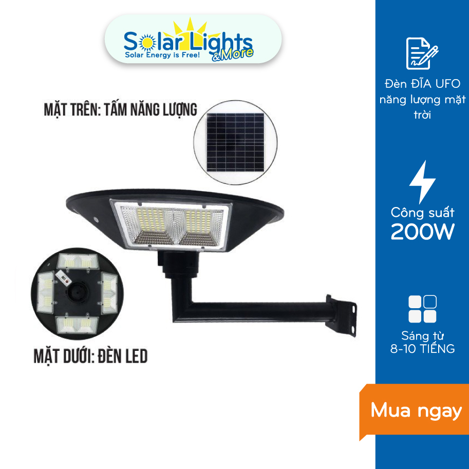 Đèn năng lượng mặt trời UFP dạng đĩa bay 200W, Đèn chiếu sáng sân vườn tấm pin liền cảm biến chuyển động công suất 200w