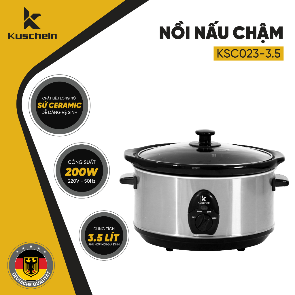 Nồi điện nấu chậm, kho cá KUSCHELN 3.5 lít niêu sứ hình ovan, công tắc tự ngắt, chống cạn nước - KSC023-3.5
