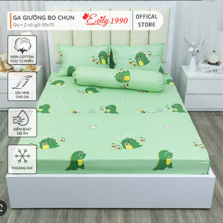 Bộ 3 Món Ga Gối Cotton Poly Mẫu KHỦNG LONG BƠ XANH LÁ _evily1990