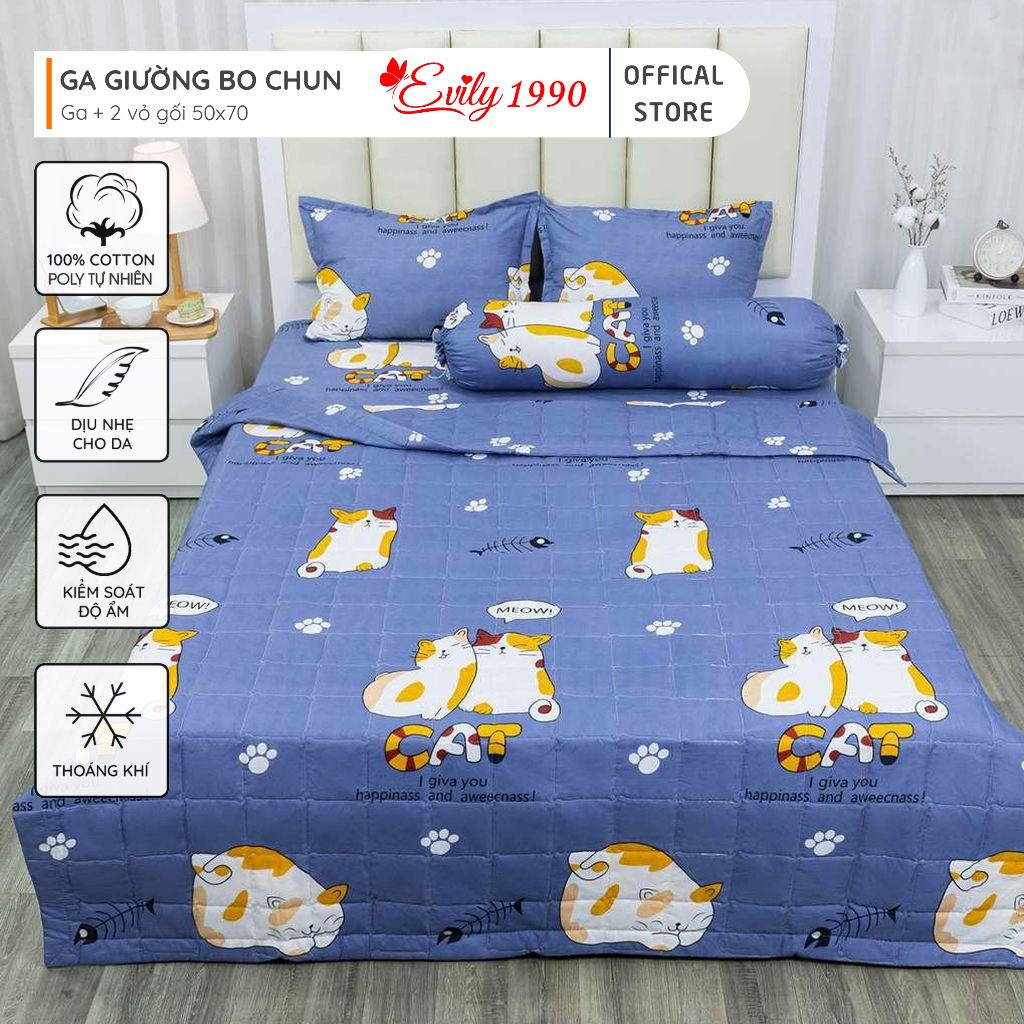 Trọn Bộ Ga Kèm 2 Vỏ Gối Nằm Đa Dạng Mẫu Mã, Màu Sắc- Mẫu MÈO CÁT XANH - Cute- Evily1990