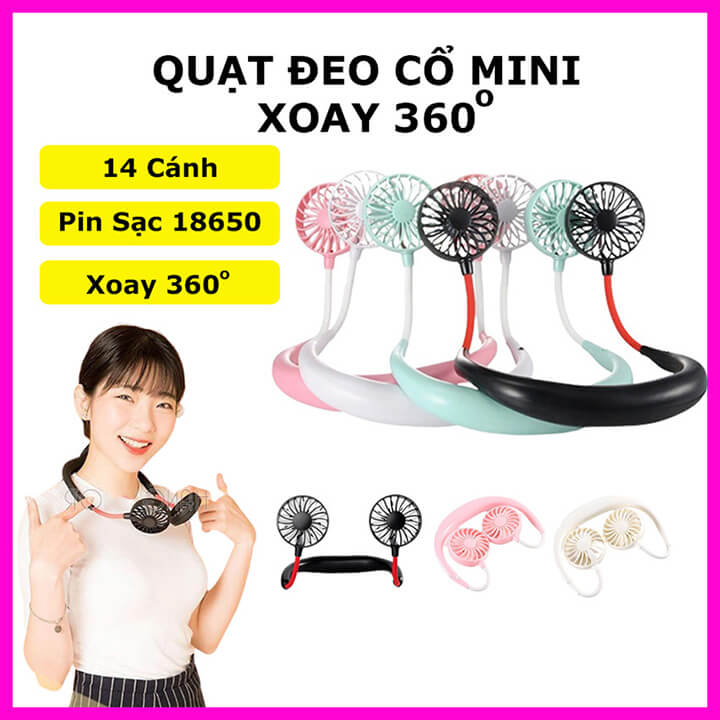 Quạt đeo cổ mini có cánh 3 tốc độ gió siêu mạnh, quạt treo cổ 14 cánh cao cấp điều chỉnh 360 độ