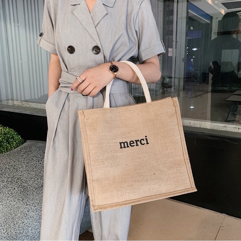 Túi Cói Nữ Họa Tiết Chữ Màu Nâu Be Phong Cách Hàn Siêu Hot Meci.