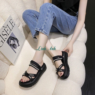 Dép sandal nữ quai thắt đính ngọc đế 5cm hàng QC