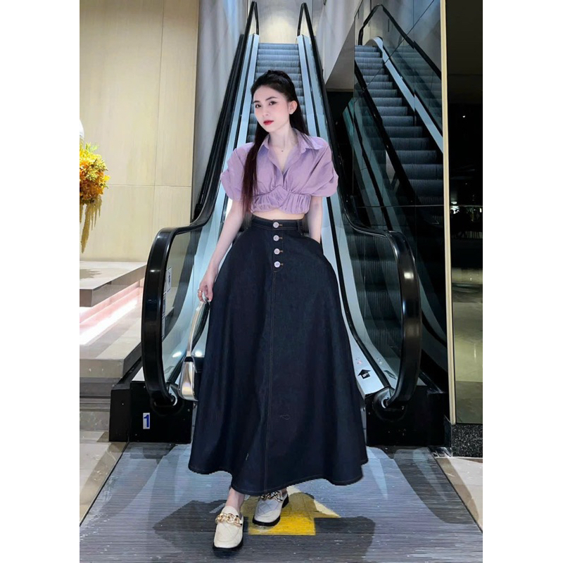 SET ÁO CROP XÔ TÍM CỔ SƠ MI + CHÂN VÁY MIDI JEAN OUTFIT DÀNH CHO HỘI CHỊ EM MÊ TÍM THUỶ CHUNG
