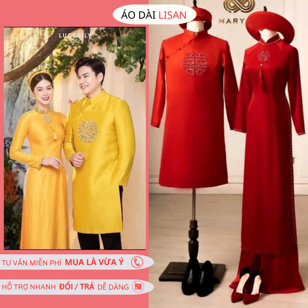Áo Dài Cưới Cặp Đôi Nam Nữ Đính Chữ Hỷ Pha Lê LISAN May Sẵn Dự Tiệc Lễ Tết-BB19