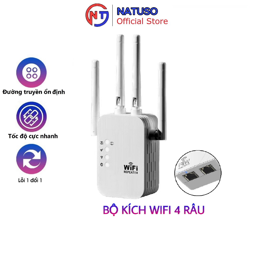 Bộ kích sóng wifi 4 râu Natuso KS2 tốc độ 300mbps 2 cổng RJ45 cắm trực tiếp dùng cho điện thoại laptop máy tính PC