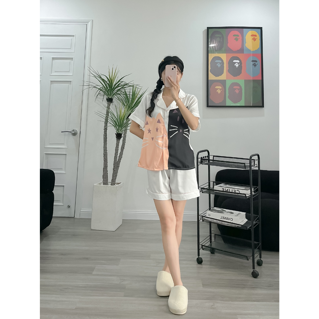 Đồ bộ mặc nhà lụa latin cấp, set đồ bộ ngủ pijama tay ngắn quần ngăn in hình mèo cute trong BST đồ pyjama nữ cao cấp.