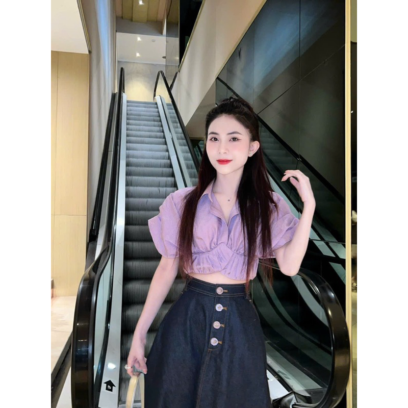 SET ÁO CROP XÔ TÍM CỔ SƠ MI + CHÂN VÁY MIDI JEAN OUTFIT DÀNH CHO HỘI CHỊ EM MÊ TÍM THUỶ CHUNG 🥰💜