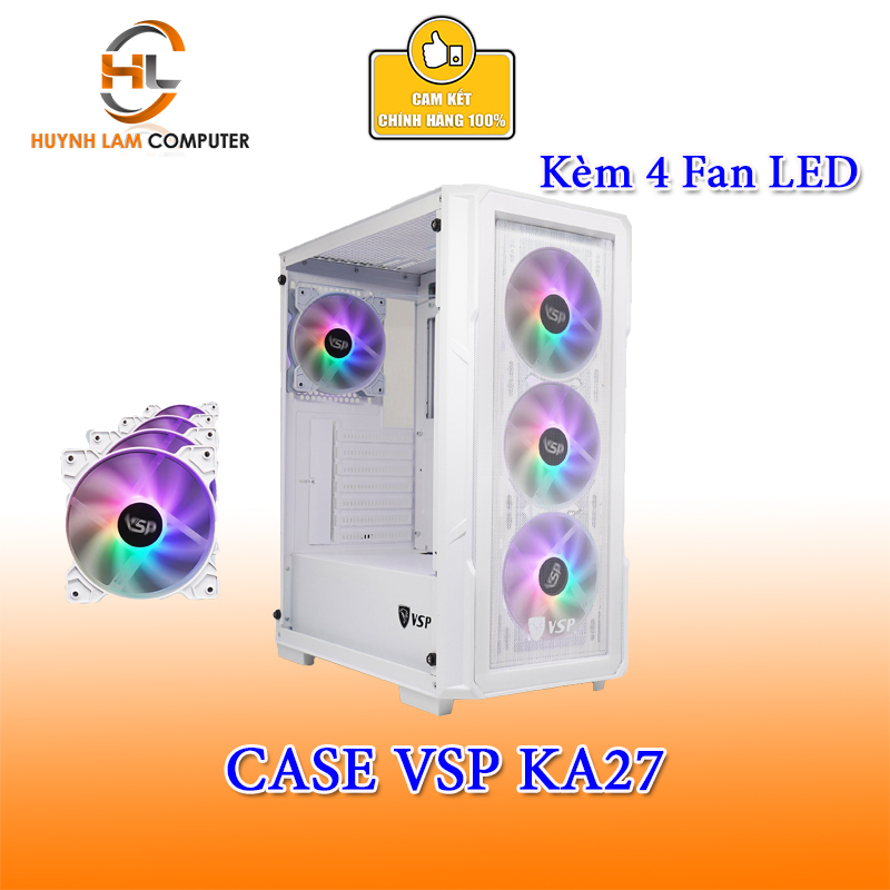 Vỏ máy tính Case VSP KA27 [TRẮNG] sẵn 4 Fan LED Gaming 2 mặt kính cường lực (ITX, MICRO-ATX, ATX)