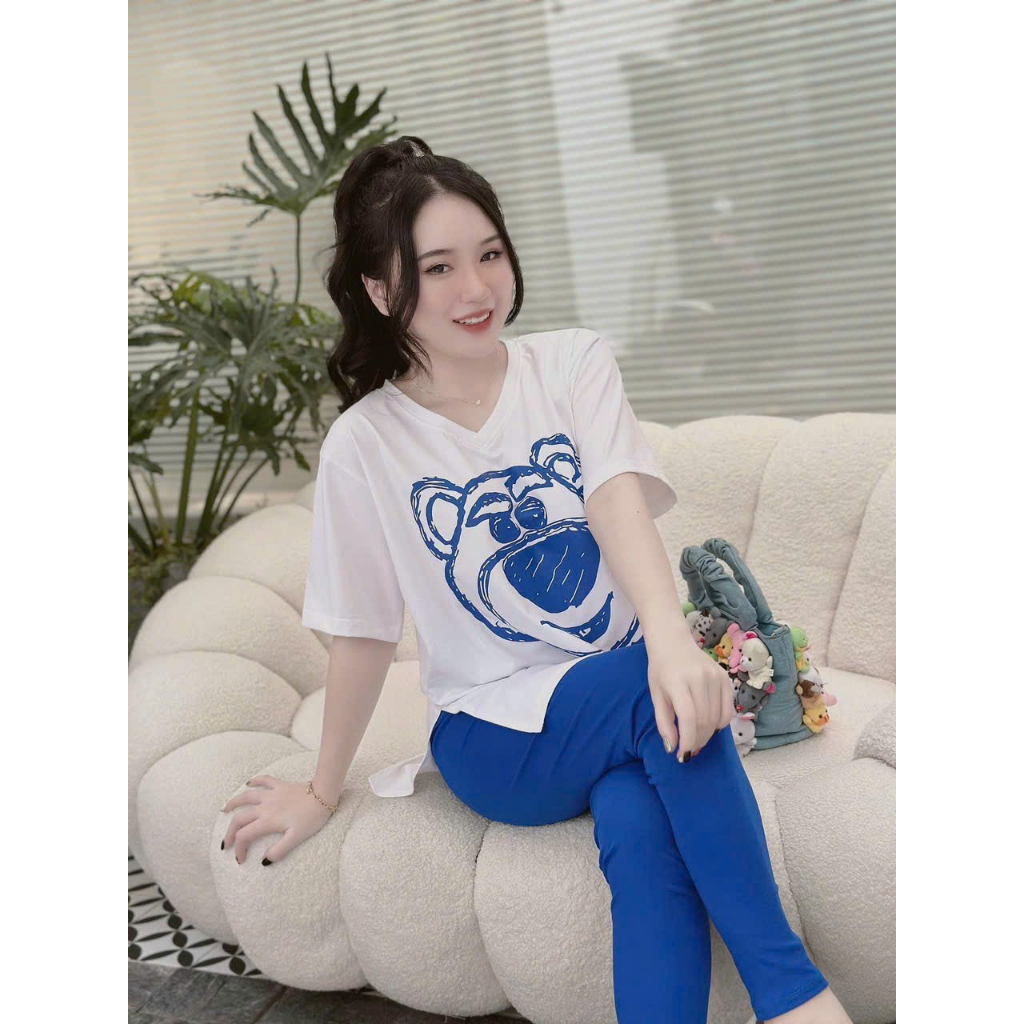 Set đồ bộ nữ áo cổ trái tim xẻ tà in họa tiết dễ thương, chất thun cotton mix quần leening thích hợp mặc ở nhà đi chơi