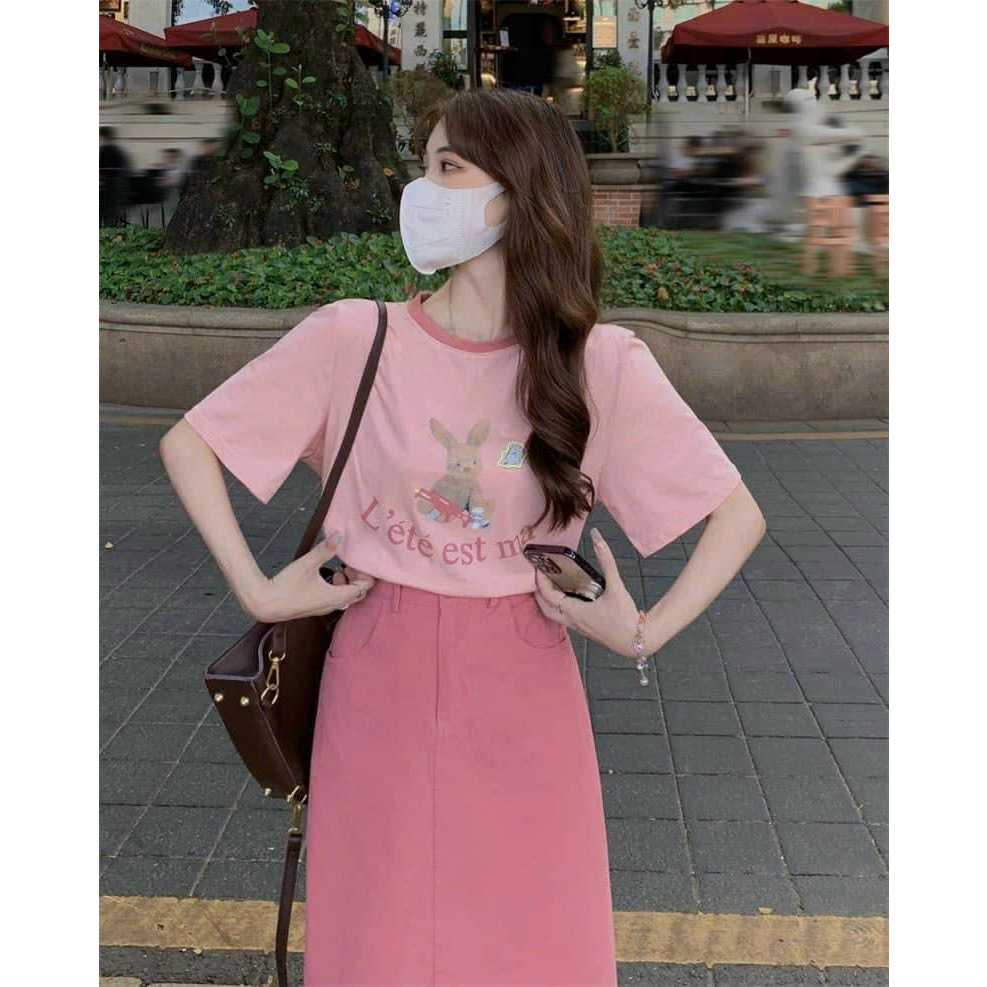 Set đầm váy nữ áo phông cổ viền in hình hoạt tiết dễ thương mix chân váy bút chì siêu tôn sáng dễ thương đi chơi, hẹn hò