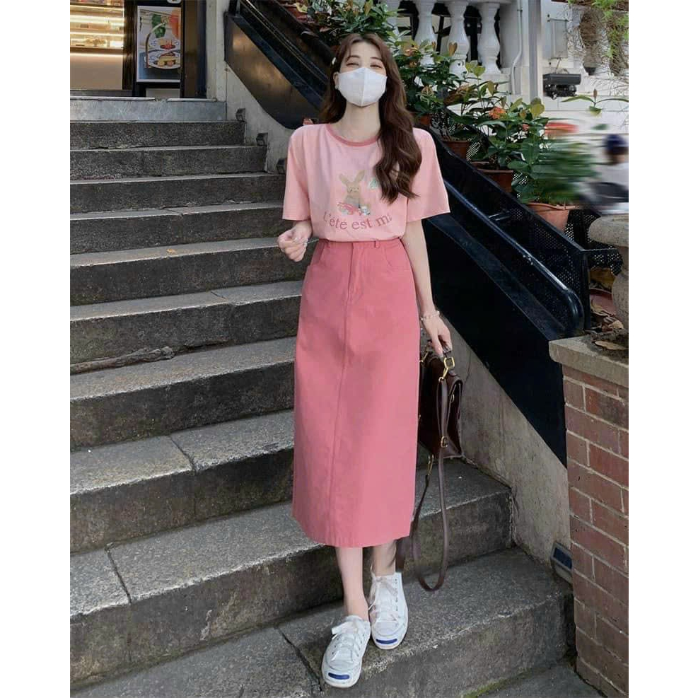 Set đầm váy nữ áo phông cổ viền in hình hoạt tiết dễ thương mix chân váy bút chì siêu tôn sáng dễ thương đi chơi, hẹn hò