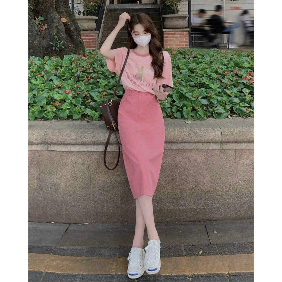 Set đầm váy nữ áo phông cổ viền in hình hoạt tiết dễ thương mix chân váy bút chì siêu tôn sáng dễ thương đi chơi, hẹn hò
