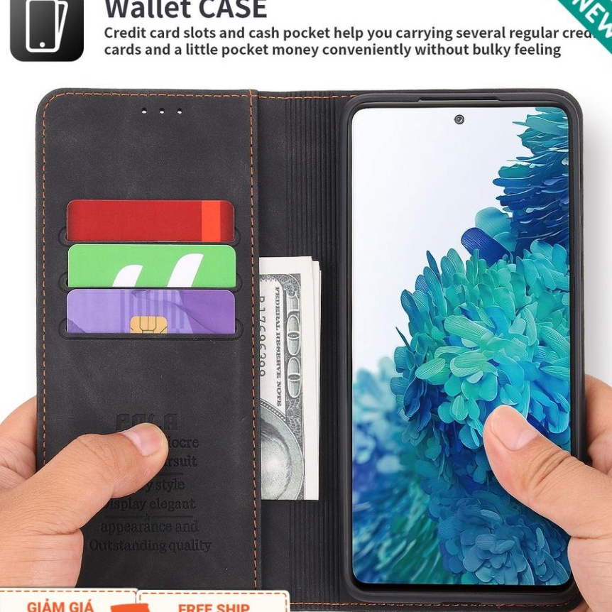 free ship Bao da may viền Oppo A57 4G 2022, A77s, bao da điện thoại kiểu ví, da mịn mượt