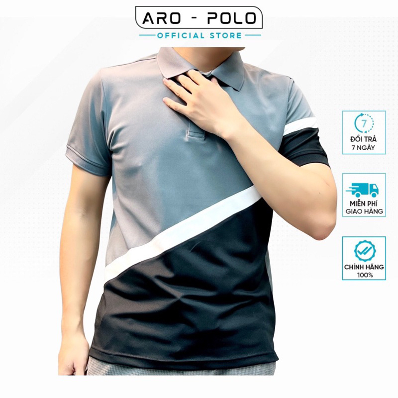 Áo Polo Nam Cổ Bẻ ARO màu ghi Phối Chéo  Form Slim Thun Poly Cá Sấu Mềm Mịn Thoáng Mát - PL10