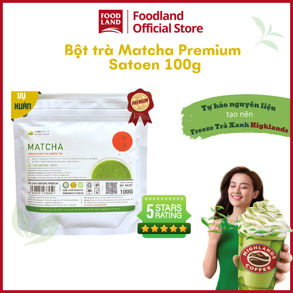Trà vụ Xuân Matcha Premium - dùng uống nguyên chất, size 100G,1KG Satoen -Trà sữa, Matcha freeze - Foodland