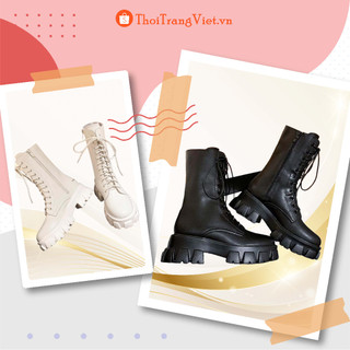 Giày Bốt chiến binh ulzzang buộc dây màu đen/trắng cá tính đơn giản đế cao 4p mới xinh thời trang cá tính