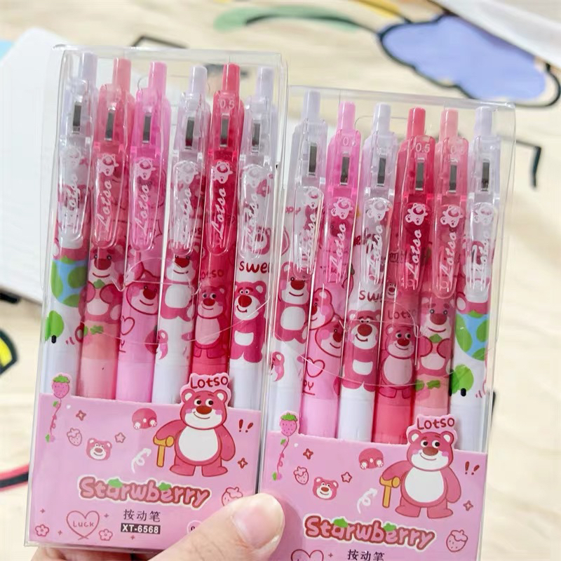 Set 6 Bút Gấu Dâu Lotso Mực Gel Màu Đen Tập Viết Hình Kiểu Hoạt Hình Dễ Thương Cho Học Sinh