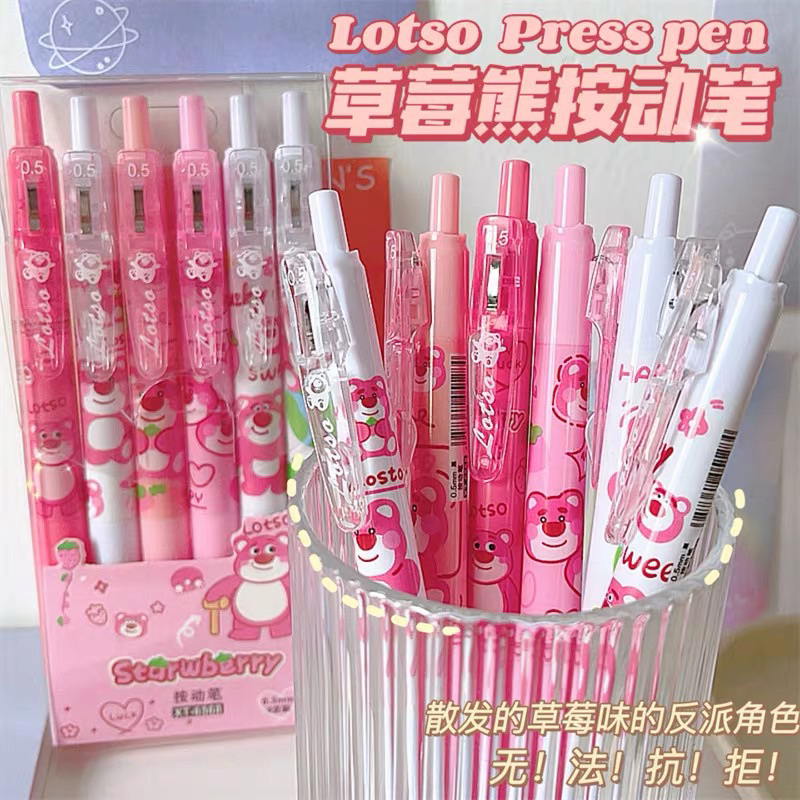 Set 6 Bút Gấu Dâu Lotso Mực Gel Màu Đen Tập Viết Hình Kiểu Hoạt Hình Dễ Thương Cho Học Sinh