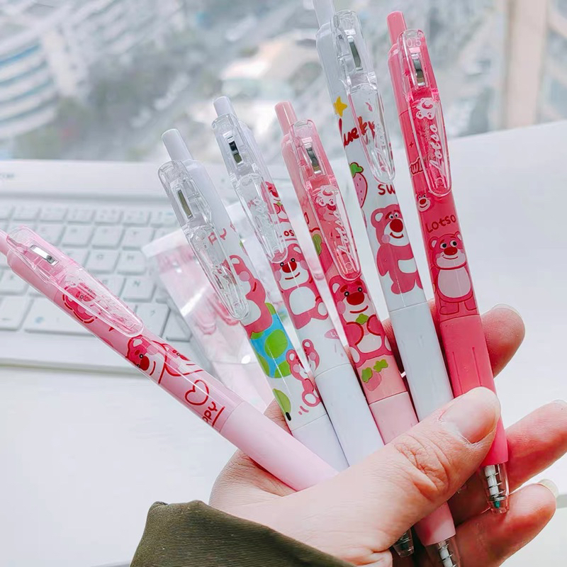 Set 6 Bút Gấu Dâu Lotso Mực Gel Màu Đen Tập Viết Hình Kiểu Hoạt Hình Dễ Thương Cho Học Sinh