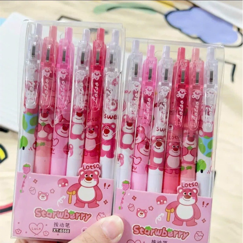 Set 6 Bút Gấu Dâu Lotso Mực Gel Màu Đen Tập Viết Hình Kiểu Hoạt Hình Dễ Thương Cho Học Sinh