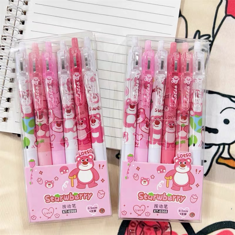 Set 6 Bút Gấu Dâu Lotso Mực Gel Màu Đen Tập Viết Hình Kiểu Hoạt Hình Dễ Thương Cho Học Sinh