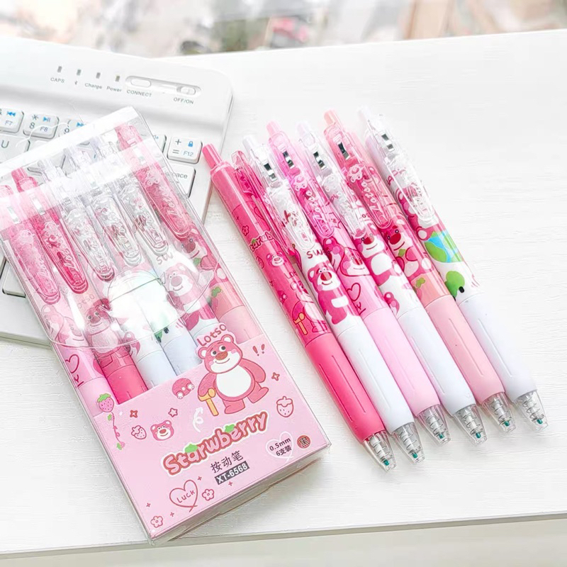 Set 6 Bút Gấu Dâu Lotso Mực Gel Màu Đen Tập Viết Hình Kiểu Hoạt Hình Dễ Thương Cho Học Sinh