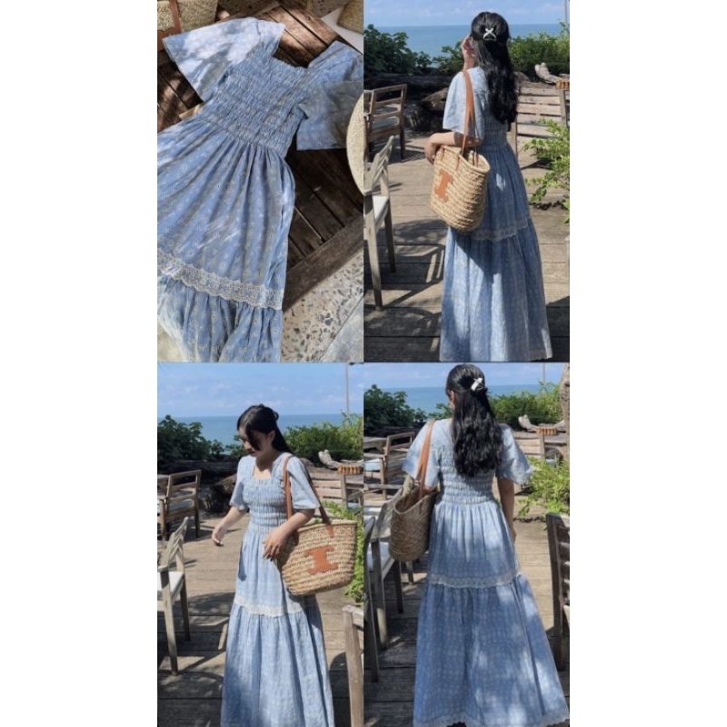 Váy xòe dài hoa nhí phối ren HuAh cổ vuông nhún ngực màu vintage tiểu thư Hàn Quốc - Váy du lịch, đi biển Yena Closet