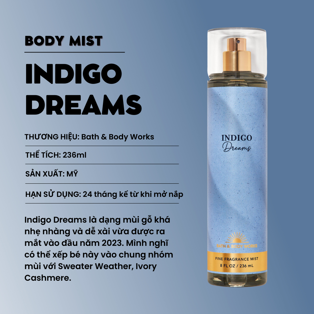 Xịt thơm toàn thân Bath & Body Works - Indigo Dreams Hương Gỗ Dịu Dàng Chai 236ml