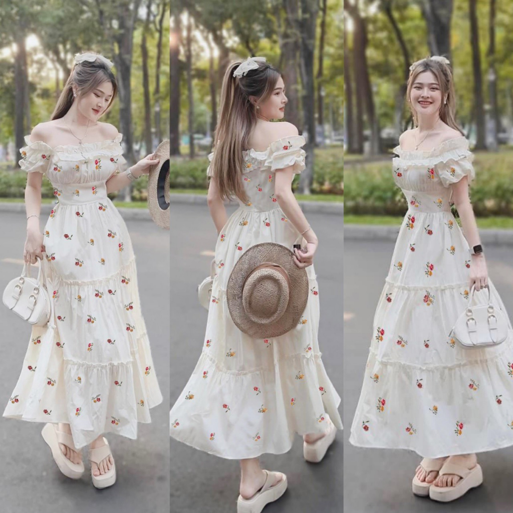 Đầm maxi trễ vai tiểu thư họa tiết hoa đầm midi hoa nhí bigsize Kim Ngân từ 50 kg đến 100 kg M/L/XL/XXL đầm trắng