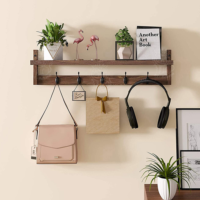 Kệ gỗ treo tường màu nâu rustic trang trí decor nhà bếp, phòng, homstay, quán cà phê móc màu giả cổ