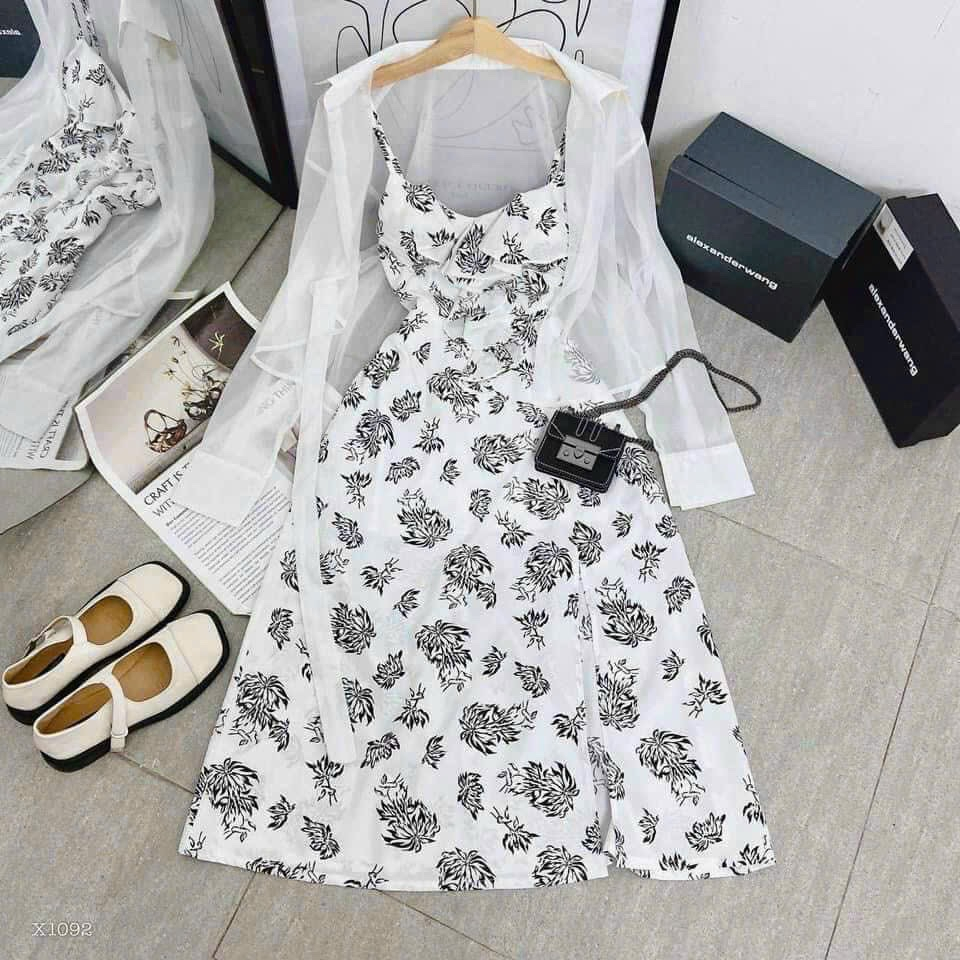 Đầm nữ 2 dây in họa tiết kèm áo khoác voan xinh xắn phù hợp cho nàng đi chơi và dự tiệc