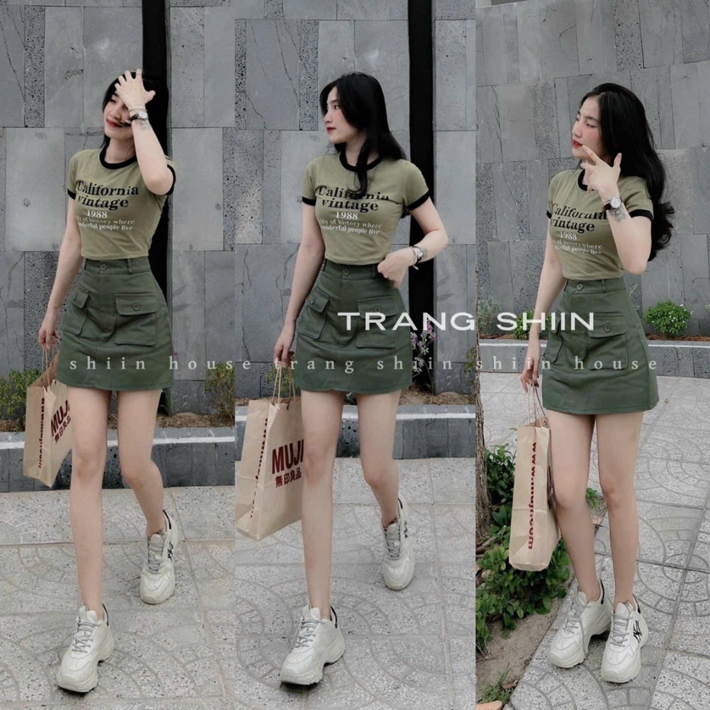 Set bộ nữ áo thun cổ tròn có chữ kèm chân váy có túi 2 bên xinh xắn phù hợp cho nàng đi chơi và dạo phố DX