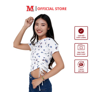 Áo nữ ngắn tay croptop cổ tròn dáng ôm chất liệu cotton họa tiết hoa trắng phổi eo thời trang M2 K0030752