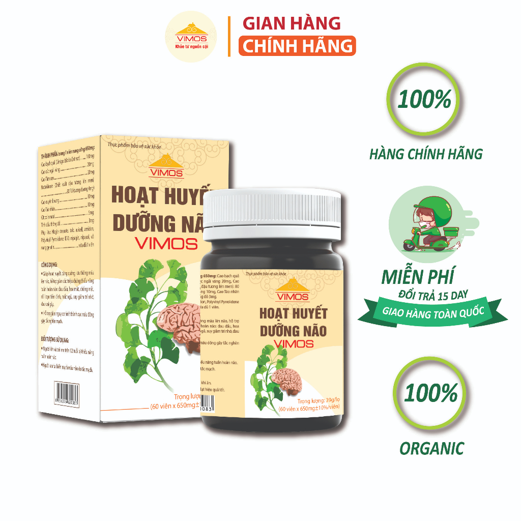 Hoạt huyết dưỡng não VIMOS viên uống giảm đau đầu, mất ngủ suy nhược thần kinh, tăng tuần hoàn não lọ 60 viên