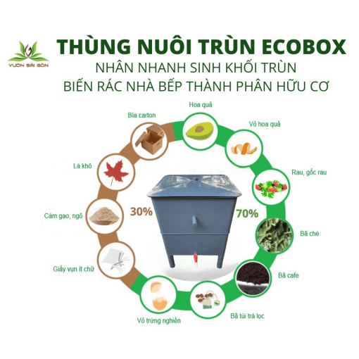 Thùng nuôi trùn Eco Box, thùng nuôi trùn quế, thùng nuôi giun, xử lý rác bếp, nhân nhanh sinh khối giun (Vườn Sài Gòn)