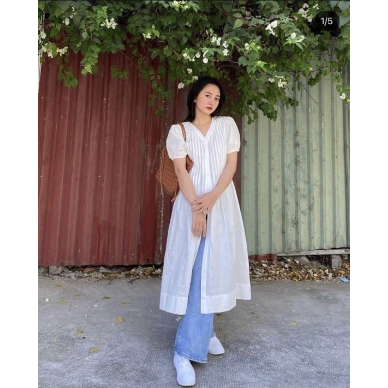 Đầm trắng Rose white dáng dài xếp ly dọc