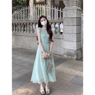 Đầm váy dài màu xanh mát cánh tiên phối bèo nhẹ nhàng mùa hè phong cách Pháp Retro Vintage Taobao mới 2023