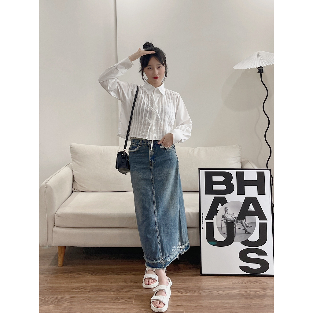 Chân váy Denim dài dáng chữ A phong cách Retro | BigBuy360 - bigbuy360.vn